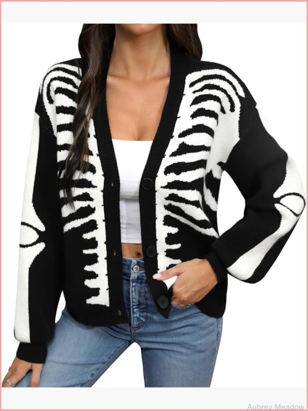 Cropped Cardigan Long Sleeve Button Down Skeleton Knit Sweater